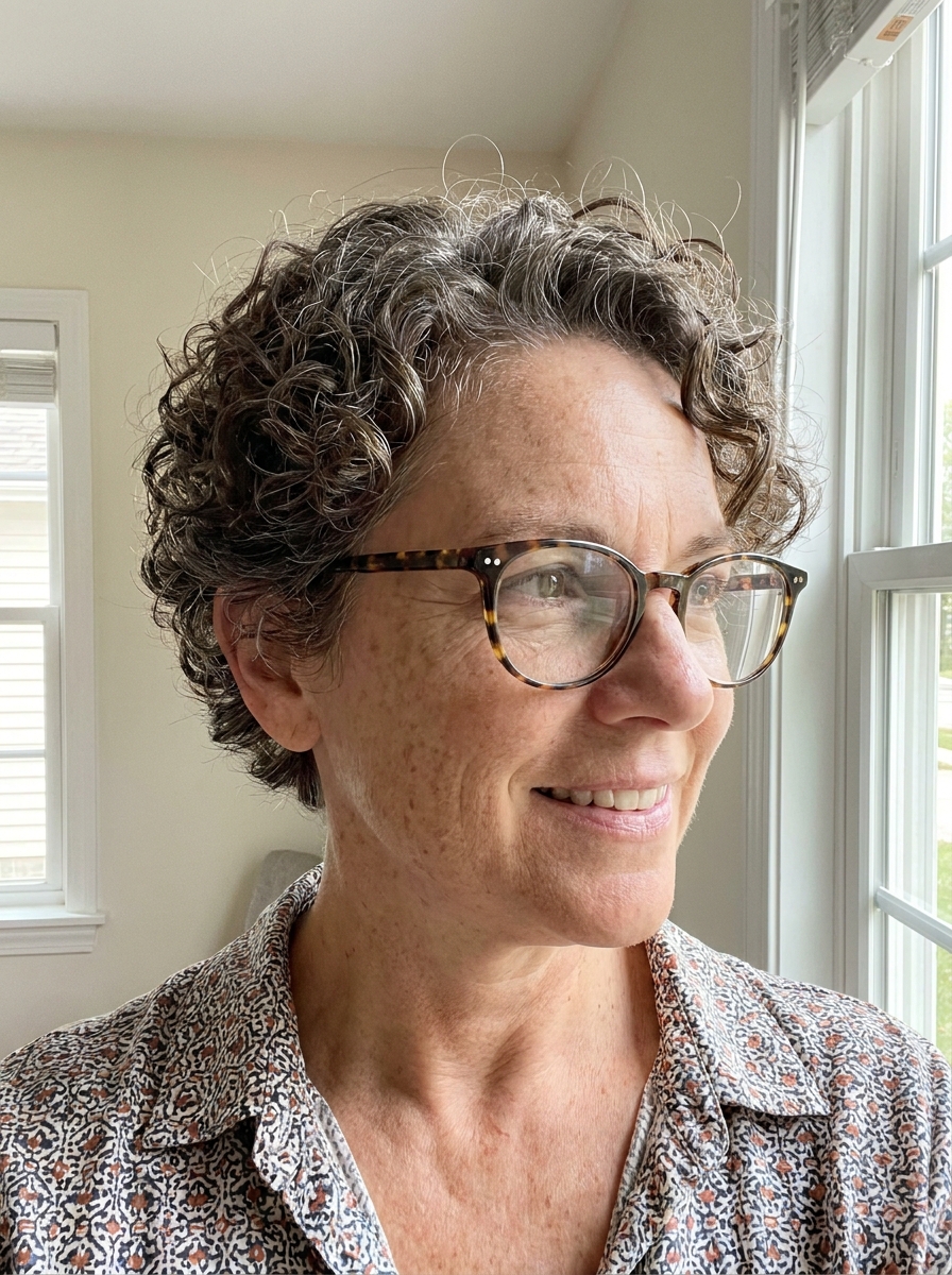 Curly Pixie mit Brille als Kurzhaarfrisuren mit Brille Inspiration 2026